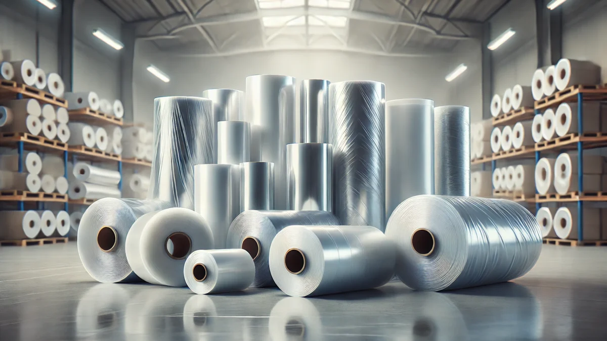 A professional and clean image of rolls of polythene sheeting arranged neatly in a warehouse like environment.