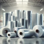 A professional and clean image of rolls of polythene sheeting arranged neatly in a warehouse like environment.