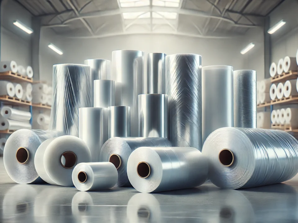 A professional and clean image of rolls of polythene sheeting arranged neatly in a warehouse like environment.