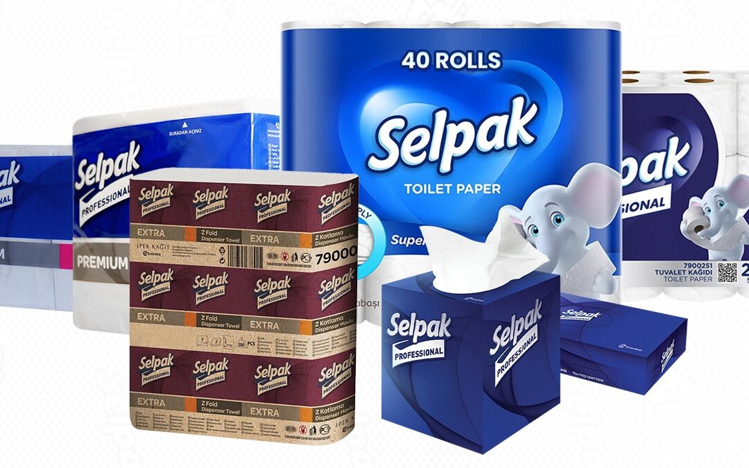 A variety of Selpak brand tissue and paper products, including a 40-roll pack of toilet paper, boxed facial tissues, and folded paper towels, arranged together against a light background.