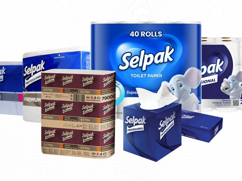 A variety of Selpak brand tissue and paper products, including a 40-roll pack of toilet paper, boxed facial tissues, and folded paper towels, arranged together against a light background.