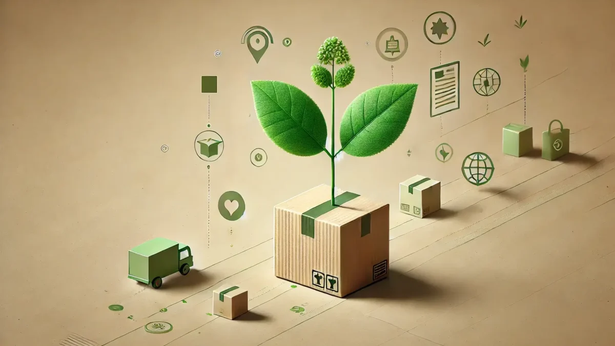 A horizontal image focusing on sustainability and modern e-commerce themes. The background features a soft kraft paper texture in light brown tones.