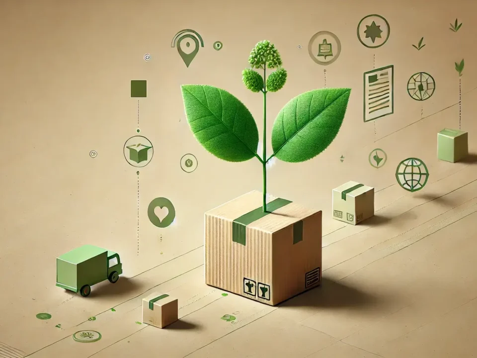 A horizontal image focusing on sustainability and modern e-commerce themes. The background features a soft kraft paper texture in light brown tones.